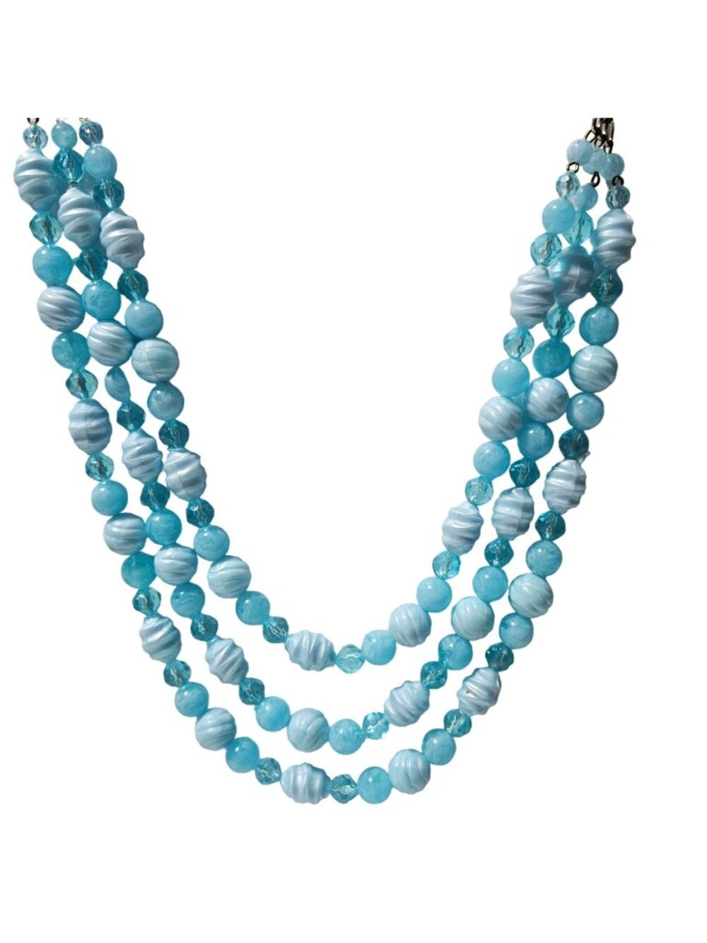 Vintage Beaded Necklace Multi Strand Blue White Beads Retro 50s Fashion Jewelry